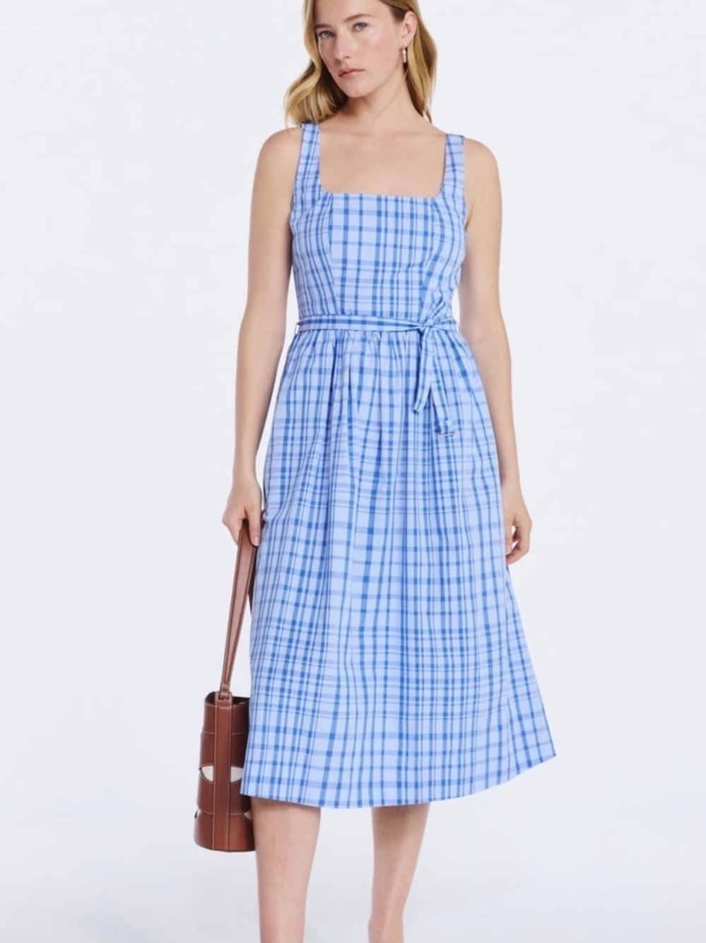Free Assembly Blue Plaid Sleeveless Midi Dress - Classic Square Neck